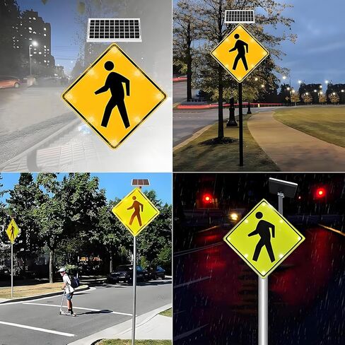 Flashing Solar LED Pedestrian Crossing Sign - Durable Aluminum Traffic Warning Sign, IP65 Waterproof Road Safety Indicator for Streets and Crosswalks in Kuwait