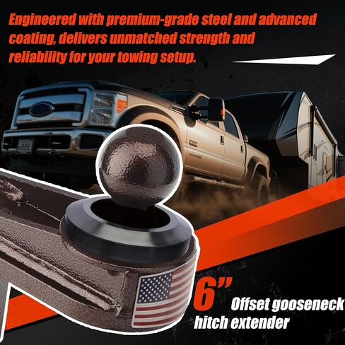 6" Offset Gooseneck Ball Hitch Extender, Square Base Gooseneck Ball, Extra Cab & Trailer Clearance for Short Bed Trucks, Heavy Duty Reinforcing Ribs Structure, 4PCS Anti-tilt PU Washer Included in Saudi Arabia