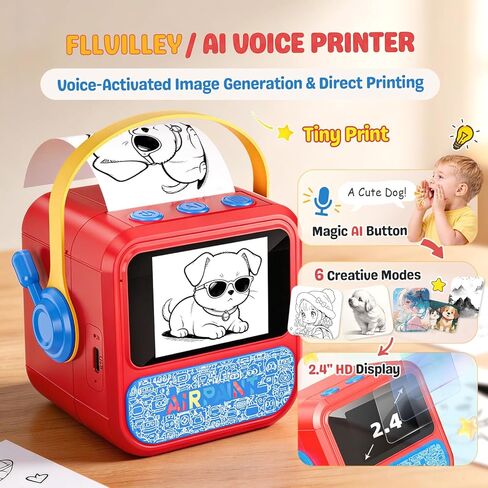 Sticker Printer AI Box Toy for Kids, HD AI Voice Story Printer, Portable Thermal Printer with 2.4inch Display, 6 Modes, Cancel Function for Home, Office, Study & DIY Projects, 6 Rolls Paper Included in Kuwait