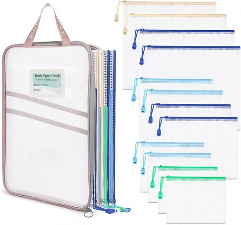 7-Pack Mesh Zipper Pouch with 1 Organizer Bag, A4 Size (13x9.4) Clear Waterproof File Bags, Fits 14 Inch Laptop, Professional Office & College Organizing System (8pcs) in Kuwait