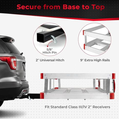 Aluminum Cargo Carrier, Hitch Mount Luggage Basket with 9" High Side Rails, 5/8" Pin, Straps & Reflectors, Heavy Duty Cargo Basket Fits 2" Receiver for SUV & Truck, 500 lbs Capacity in Kuwait