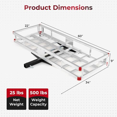 Aluminum Cargo Carrier, Hitch Mount Luggage Basket with 9" High Side Rails, 5/8" Pin, Straps & Reflectors, Heavy Duty Cargo Basket Fits 2" Receiver for SUV & Truck, 500 lbs Capacity in Kuwait