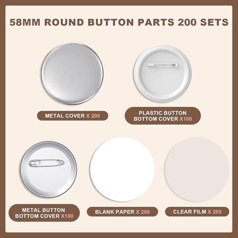 200 Sets 58mm/2.28 inch Button Supplies Button Parts for Buttons Maker Machine, 100 Pcs Plastic Backing Pins & 100 Pcs Iron Backing Pins, Including Metal Covers, Clear Films & Blank Papers in Kuwait