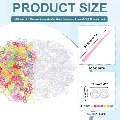 MECCANIXITY S Clips for Loom Bracelets, Rubber Band Bracelet Clip Clear Plastic Connectors Refills Kit with Pink Crochet Hook for Loom Bracelets Making DIY(Mixing Colors/White, Pack of 1000) in Saudi Arabia