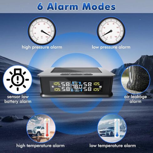 Tire Pressure Monitoring System RV Tire Pressure Monitoring System (TPMS) - Solar Solar TPMS with 4 External sensors 6 Alarm Mode Real-Time Display for Trailers Campers RVs MPV RV Truck in Kuwait