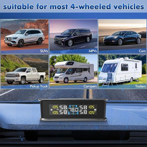 Tire Pressure Monitoring System RV Tire Pressure Monitoring System (TPMS) - Solar Solar TPMS with 4 External sensors 6 Alarm Mode Real-Time Display for Trailers Campers RVs MPV RV Truck in Kuwait