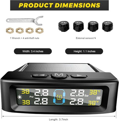 Sun Walker Tire Pressure Monitoring System, Wireless Tire Pressure Monitor with 4 Sensors & 6 Alarm Modes, Real-Time LCD Display TPMS with Solar & USB Charger for RV Truck Trailer in Kuwait