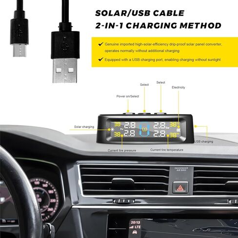 Sun Walker Tire Pressure Monitoring System, Wireless Tire Pressure Monitor with 4 Sensors & 6 Alarm Modes, Real-Time LCD Display TPMS with Solar & USB Charger for RV Truck Trailer in Kuwait