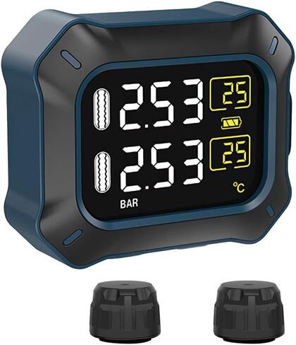نظام مراقبة ضغط إطارات الدراجات النارية من OBEST، TPMS لاسلكي مع أجهزة استشعار قابلة لإعادة الشحن، شاشة مقاومة للماء 1.5 بوصة، تحقق من ضغط الإطارات أثناء الركوب، 2 أجهزة استشعار خارجية in Kuwait