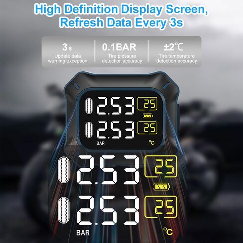 نظام مراقبة ضغط إطارات الدراجات النارية من OBEST، TPMS لاسلكي مع أجهزة استشعار قابلة لإعادة الشحن، شاشة مقاومة للماء 1.5 بوصة، تحقق من ضغط الإطارات أثناء الركوب، 2 أجهزة استشعار خارجية in Kuwait