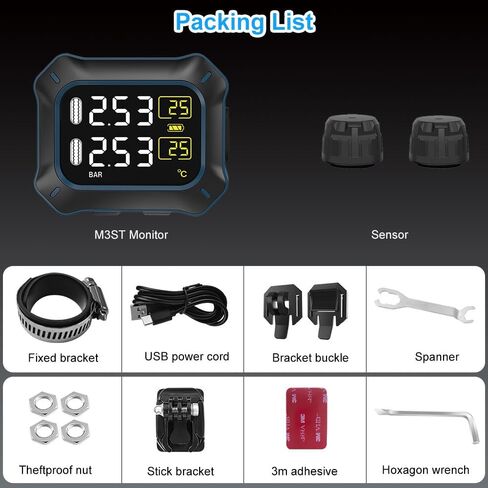 نظام مراقبة ضغط إطارات الدراجات النارية من OBEST، TPMS لاسلكي مع أجهزة استشعار قابلة لإعادة الشحن، شاشة مقاومة للماء 1.5 بوصة، تحقق من ضغط الإطارات أثناء الركوب، 2 أجهزة استشعار خارجية in Kuwait