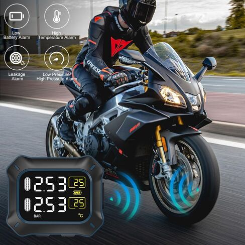 نظام مراقبة ضغط إطارات الدراجات النارية من OBEST، TPMS لاسلكي مع أجهزة استشعار قابلة لإعادة الشحن، شاشة مقاومة للماء 1.5 بوصة، تحقق من ضغط الإطارات أثناء الركوب، 2 أجهزة استشعار خارجية in Kuwait
