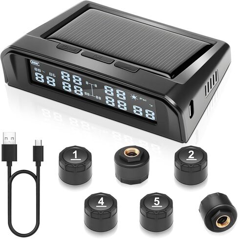 Tire Pressure Monitoring System,TPMS Tire Monitoring System with 6 Tire External Sensors & 6 Alarm Modes,LCD Display, Auto Sleep Mode,Solar-Powered TPMS for RV Trailer Truck Off Road Pickup(0-144 PSI) in Kuwait