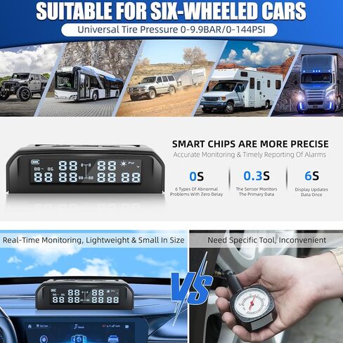 Tire Pressure Monitoring System,TPMS Tire Monitoring System with 6 Tire External Sensors & 6 Alarm Modes,LCD Display, Auto Sleep Mode,Solar-Powered TPMS for RV Trailer Truck Off Road Pickup(0-144 PSI) in Kuwait
