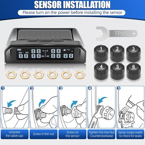 Tire Pressure Monitoring System,TPMS Tire Monitoring System with 6 Tire External Sensors & 6 Alarm Modes,LCD Display, Auto Sleep Mode,Solar-Powered TPMS for RV Trailer Truck Off Road Pickup(0-144 PSI) in Kuwait