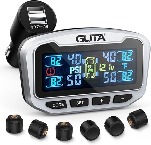 نظام مراقبة ضغط الإطارات GUTA RV، TPMS للمقطورة، 6 أجهزة استشعار، 6 أوضاع تنبيه، إشارة طويلة المدى، شحن CLA ومخرجين USB-A، شاشة LCD قابلة للتعديل، مثالية لمقطورة شاحنة RV (0-188psi) in Kuwait