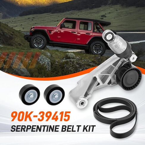 طقم حزام محرك 90K-39415 مع شداد الحزام، بكرات وسيطة متوافقة مع 2012-2018 Wrangler JK 3.6L يستبدل # 4627038AA، 4627038AA-KIT in Kuwait