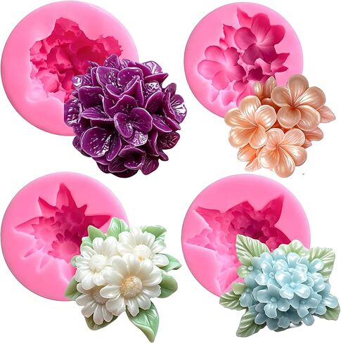 4 Pcs Flower Silicone Molds, Flower Candle Molds for Candle Making,3D Floral Silicone Resin Mold Daisy Hydrangea Fondant Mold for Chocolate Cake Decorating Soap Wax Resin Craft in Kuwait