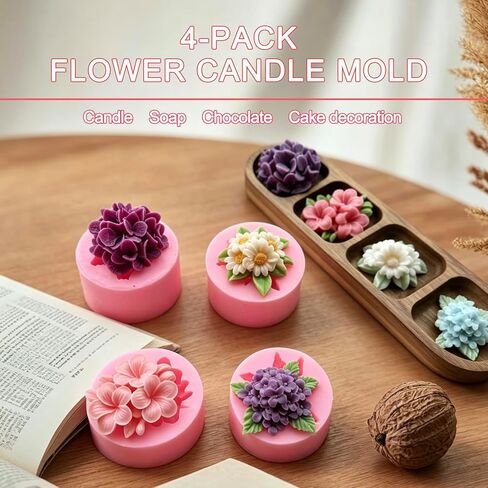 4 Pcs Flower Silicone Molds, Flower Candle Molds for Candle Making,3D Floral Silicone Resin Mold Daisy Hydrangea Fondant Mold for Chocolate Cake Decorating Soap Wax Resin Craft in Kuwait