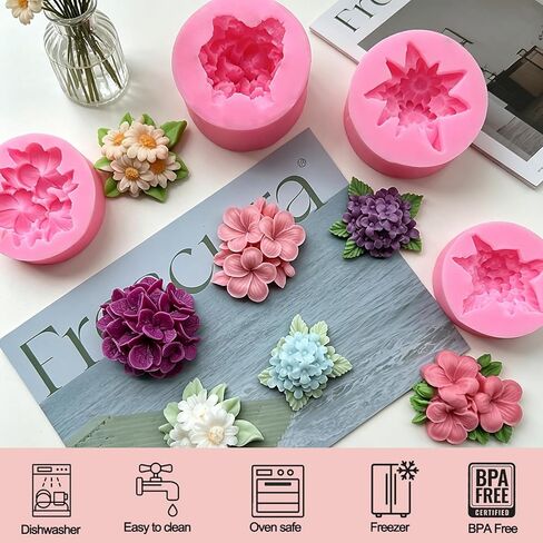 4 Pcs Flower Silicone Molds, Flower Candle Molds for Candle Making,3D Floral Silicone Resin Mold Daisy Hydrangea Fondant Mold for Chocolate Cake Decorating Soap Wax Resin Craft in Kuwait