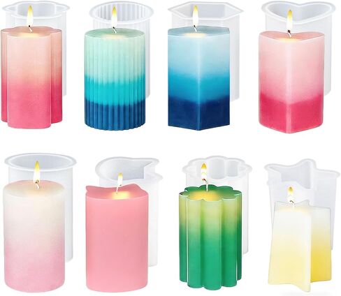 8PCS Silicone Candle Molds Set - Cylinder/Hexagon/Star/Heart/Flower/Cat Head Shapes for DIY Candle Making, Soap, Resin Crafts, Reusable and Easy Release Candle Making Kit with Multiple Shape and Sizes in Kuwait