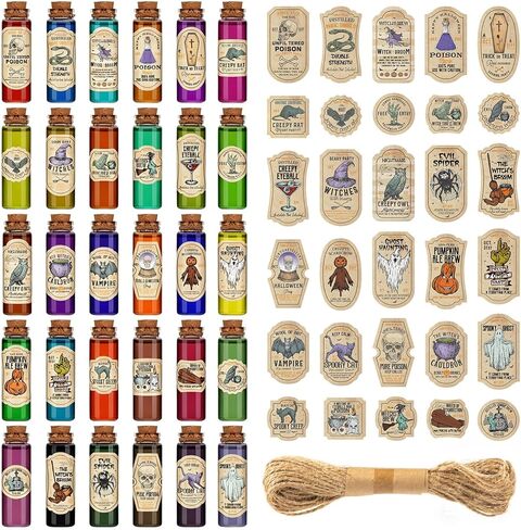 91 Pcs Halloween Potion Bottle Set, 30 Potion Bottles with Cork Stoppers, 30 Halloween Stickers, 30 Charms Pendants and 1 Piece String for Halloween Tiered Tray Decorations, Indoor Party Supplies in Saudi Arabia