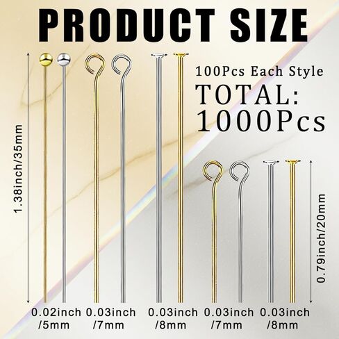 1000Pcs Stainless Steel Head Pins, T-pins and Eye Pins Set, Mixed Color and Finishes, Jewelry Making Findings for DIY Earrings Necklaces Bracelets and Craft Projects in Kuwait