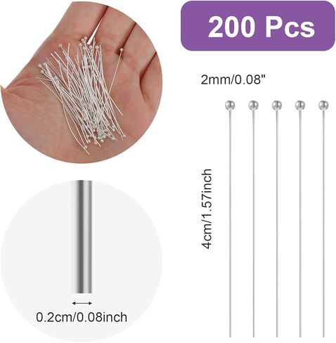 Mabor 200Pcs Ball Head Pins for Jewelry Making, 40mm/1.57In, Silver Head Pins for Jewelry Making, Beading Pin for DIY Craft Earring Bracelet Necklace Pendant Supplies in Kuwait