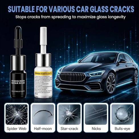 Upgraded Windshield Repair Kit for Chips & Cracks, Professional Windshield Crack Repair Kit with Type-C & UV Curing Light, Nano Car Glass Chip Repair Fluid for Star, Bulls-Eye & Long Cracks in Kuwait