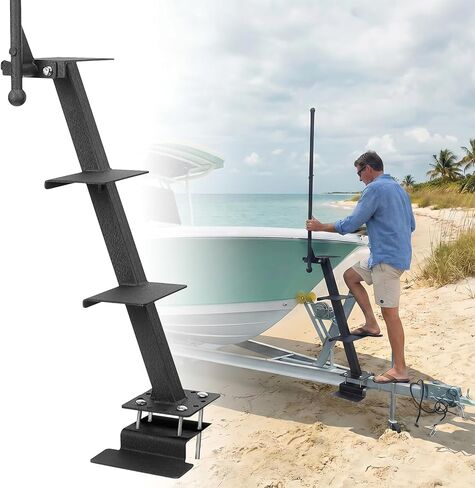 KEMIMOTO Boat Trailer Steps with Handrail, 4 Step Heavy Duty Boat Boarding Ladder for Easy Bow Access, Universal Fit for Bass Boat, Pontoon & Aluminum Trailers, Non-Slip Treads, Rust-Resistant, Black in Kuwait