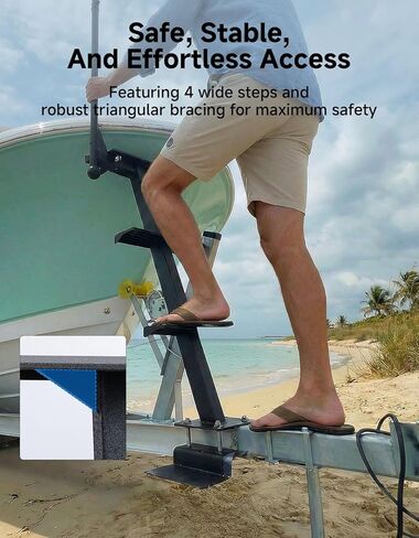 KEMIMOTO Boat Trailer Steps with Handrail, 4 Step Heavy Duty Boat Boarding Ladder for Easy Bow Access, Universal Fit for Bass Boat, Pontoon & Aluminum Trailers, Non-Slip Treads, Rust-Resistant, Black in Kuwait