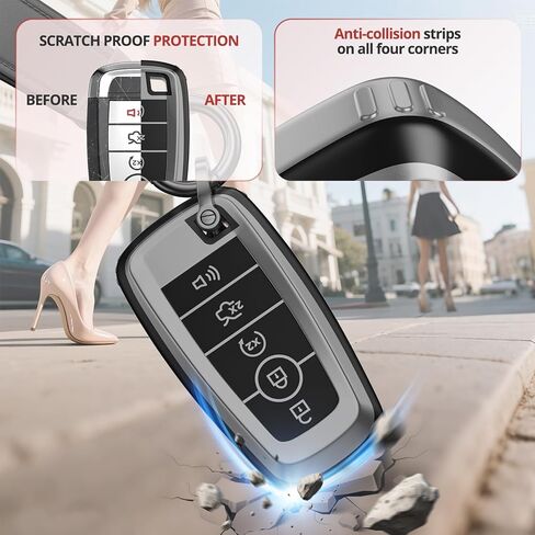 لملحقات غطاء Ford Key Fob - غطاء مفتاح TPU غير لامع مع سلسلة مفاتيح جلدية لـ Explorer F150 Bronco Fusion Escape Expedition Mustang Edge (رمادي غير لامع، موديل-1) in Kuwait