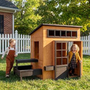 Outdoor Playhouse - Modern Fir Wooden Playhouse for Kids Outdoor with Play Kitchen, Outside Table, Chalkboard, Half Door, Windows, Flower Box, Indoor Outdoor Imaginative Play for Ages 3-8 in Kuwait