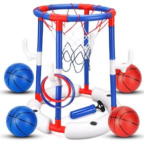 Pool Basketball Hoop Floating with Anti-Tip Stable Base, Basketball & Ring Toss Pool Toy for Kids Ages 4-8 & 8-12, Includes 4 Balls, 6 Rings & Pump for Summer Outdoor Parties in Saudi Arabia