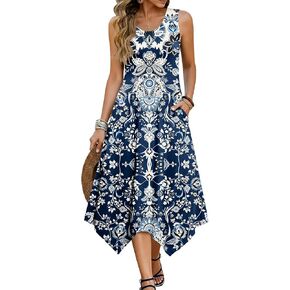 HOTOUCH Women's Casual Summer Dress Sleeveless Sundress Hankerchief Hem Midi Tank Dresses Beach Dress with Pockets in Kuwait