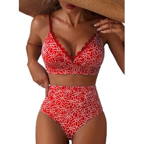 Herseas Women's Floral Texture Bikini Sets Scalloped V Neck Swimsuits High Waisted Bathing Suits in Saudi Arabia