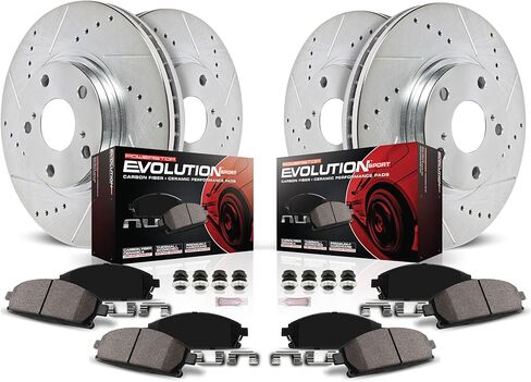 طقم فرامل أمامية وخلفية PowerStop لسيارة Toyota Corolla 2020-22 - دوارات قرصية محفورة ومشقوقة مع استبدال وسادات فرامل سيراميك من ألياف الكربون، K8664 in Kuwait
