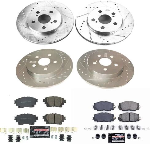 طقم فرامل أمامية وخلفية PowerStop لسيارة Toyota Corolla 2020-22 - دوارات قرصية محفورة ومشقوقة مع استبدال وسادات فرامل سيراميك من ألياف الكربون، K8664 in Kuwait