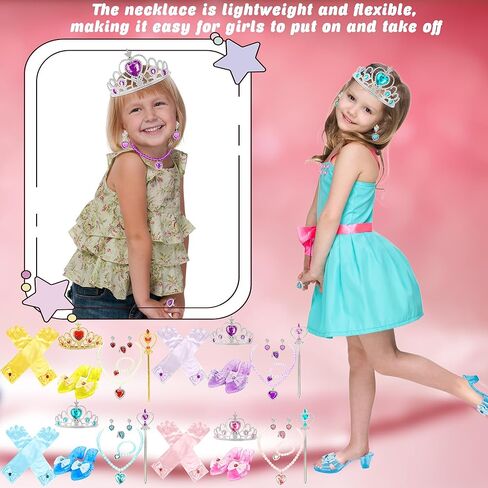 32 Pcs Princess Dress Up Set for Girls Includ 4 Pairs Heels Shoes and 28 Princess Accessories with Crown, Magic Wand, Gloves, Jewelry for Toddler Pretend Play Birthday in Kuwait