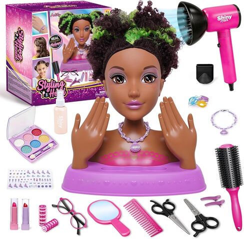 Black Styling Doll Head with Green Highlights - 10.5" Afro Hair Braiding Salon Set with Washable Makeup, 25+ Accessories, Ethnic Doll Hairdresser Playset, Creative Gift for Girls Ages 3 4 5 6 7 8+ in Kuwait