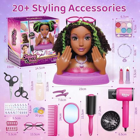 Black Styling Doll Head with Green Highlights - 10.5" Afro Hair Braiding Salon Set with Washable Makeup, 25+ Accessories, Ethnic Doll Hairdresser Playset, Creative Gift for Girls Ages 3 4 5 6 7 8+ in Kuwait