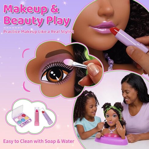Black Styling Doll Head with Green Highlights - 10.5" Afro Hair Braiding Salon Set with Washable Makeup, 25+ Accessories, Ethnic Doll Hairdresser Playset, Creative Gift for Girls Ages 3 4 5 6 7 8+ in Kuwait