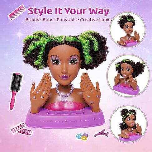 Black Styling Doll Head with Green Highlights - 10.5" Afro Hair Braiding Salon Set with Washable Makeup, 25+ Accessories, Ethnic Doll Hairdresser Playset, Creative Gift for Girls Ages 3 4 5 6 7 8+ in Kuwait
