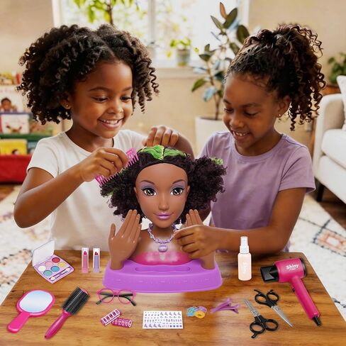 Black Styling Doll Head with Green Highlights - 10.5" Afro Hair Braiding Salon Set with Washable Makeup, 25+ Accessories, Ethnic Doll Hairdresser Playset, Creative Gift for Girls Ages 3 4 5 6 7 8+ in Kuwait