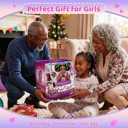 Black Styling Doll Head with Green Highlights - 10.5" Afro Hair Braiding Salon Set with Washable Makeup, 25+ Accessories, Ethnic Doll Hairdresser Playset, Creative Gift for Girls Ages 3 4 5 6 7 8+ in Kuwait
