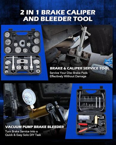 Orion Motor Tech 2 في 1 أداة ضغط فرجار الفرامل ومجموعة نزيف الفرامل، مجموعة أدوات نزيف الفرامل المحمولة، أداة خدمة وسادة الفرامل القرصية مع لوحات الاحتفاظ بمسمار الدفع و18 محولًا in Kuwait
