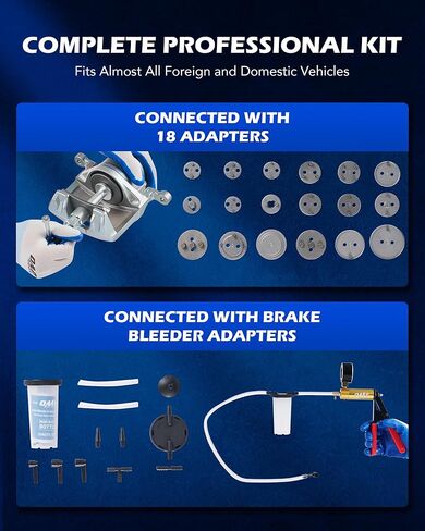 Orion Motor Tech 2 في 1 أداة ضغط فرجار الفرامل ومجموعة نزيف الفرامل، مجموعة أدوات نزيف الفرامل المحمولة، أداة خدمة وسادة الفرامل القرصية مع لوحات الاحتفاظ بمسمار الدفع و18 محولًا in Kuwait