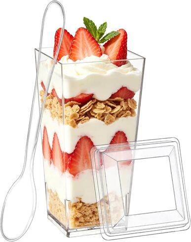SHOPDAY 3 oz Mini Dessert Cups with Lids and Spoons 100 Pack, Small Plastic Dessert Cups for Party, Clear Square Cups for Parfait Yogurt, Shooter Cups Tumbler Cups for Appetizers Jello Mousse in Saudi Arabia
