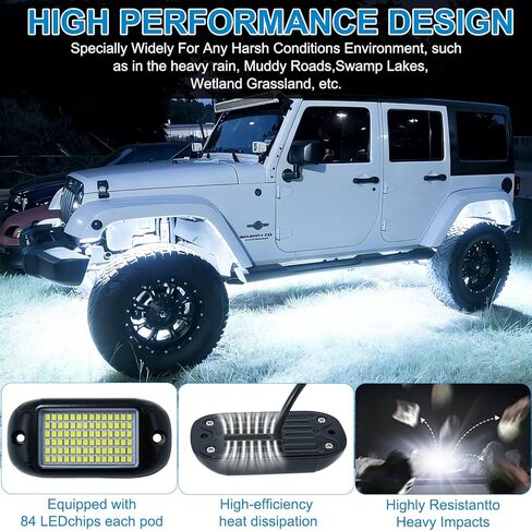 Nicoko 84 LEDs per pod Metal Aluminum Pure White Rock Lights 6000k Neon underglow Light IP68 Waterproof for Offroad Car Boat Truck SUV UTV ATV RZR Pack 4 in Kuwait