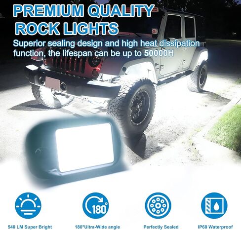 Nicoko 84 LEDs per pod Metal Aluminum Pure White Rock Lights 6000k Neon underglow Light IP68 Waterproof for Offroad Car Boat Truck SUV UTV ATV RZR Pack 4 in Kuwait